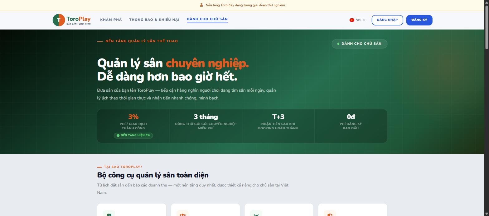 Trang giới thiệu dành cho Chủ sân trên website ToroPlay.