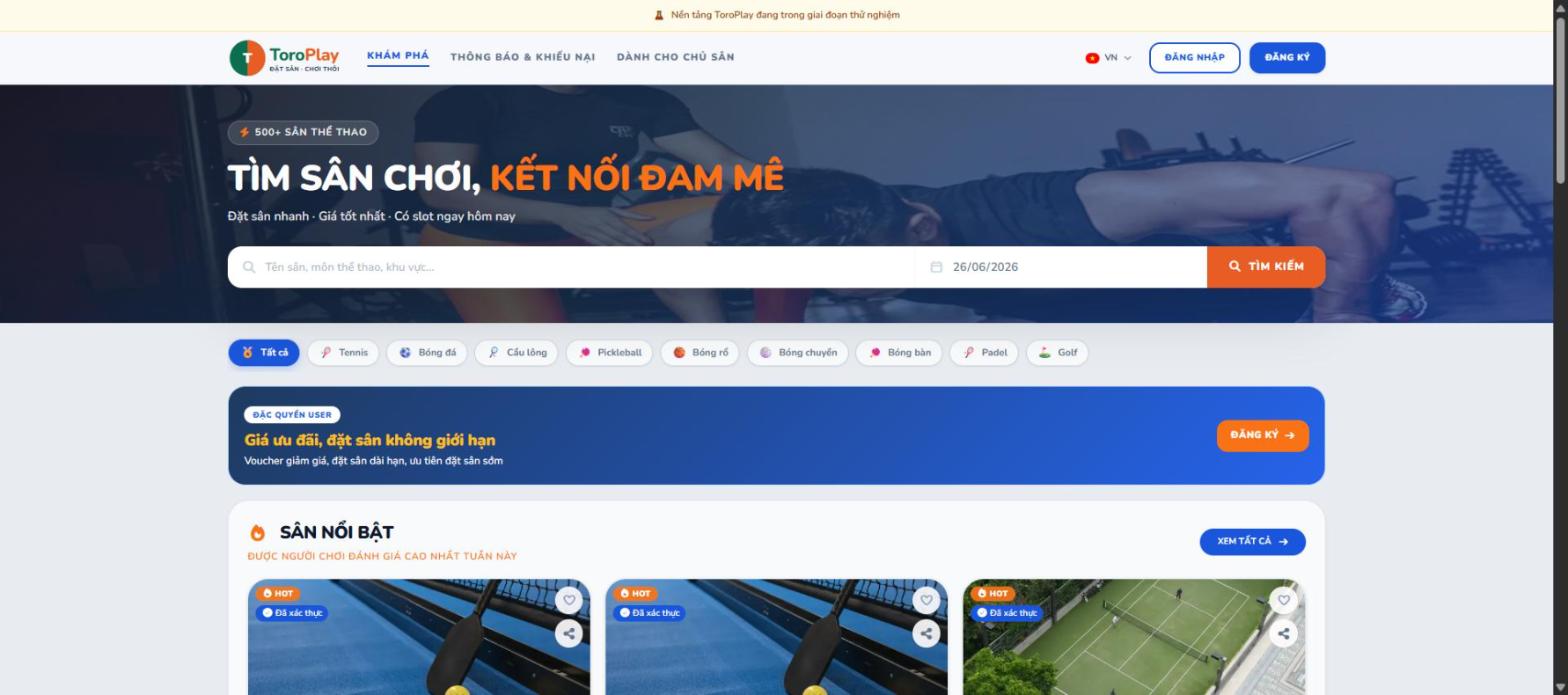 Trang chủ — ô tìm kiếm và thanh chọn môn thể thao.