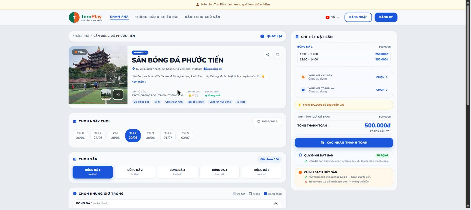 Bảng chi tiết đặt sân sau khi chọn 2 khung giờ.