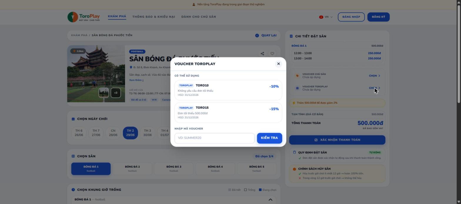 Cửa sổ chọn voucher (danh sách voucher khả dụng + ô nhập mã).