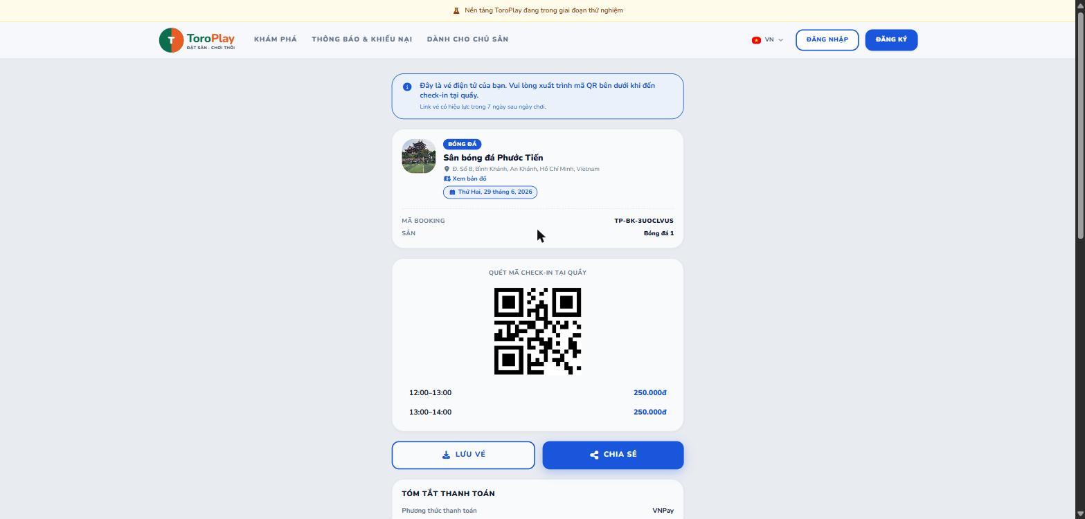 Vé điện tử — mã QR check-in và thông tin đặt sân.