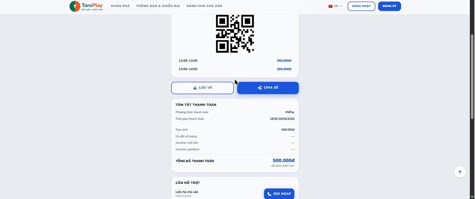 Tóm tắt thanh toán trên vé.