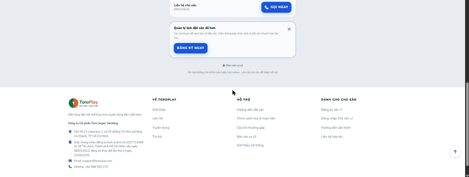 Mục liên hệ chủ sân và ghi chú không thể chỉnh sửa/hủy online.